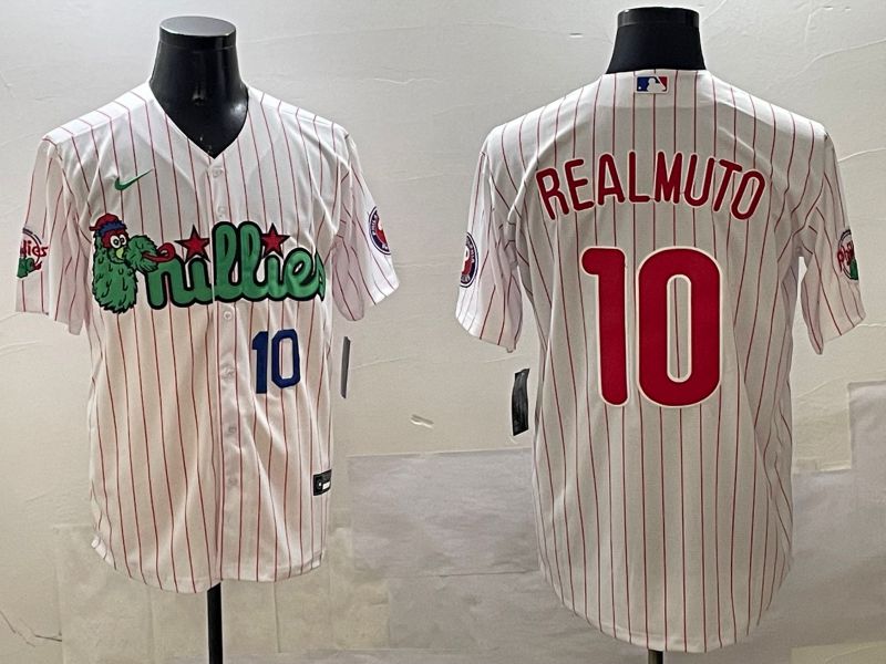 Men Philadelphia Phillies #10 Realmuto White Stripe Three generations Joint Name Game 2025 Nike MLB Jersey style 2